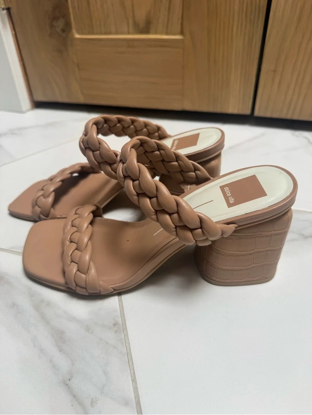 Dolce Vita Braided Double-Strap Mid Block Heels — Taupe